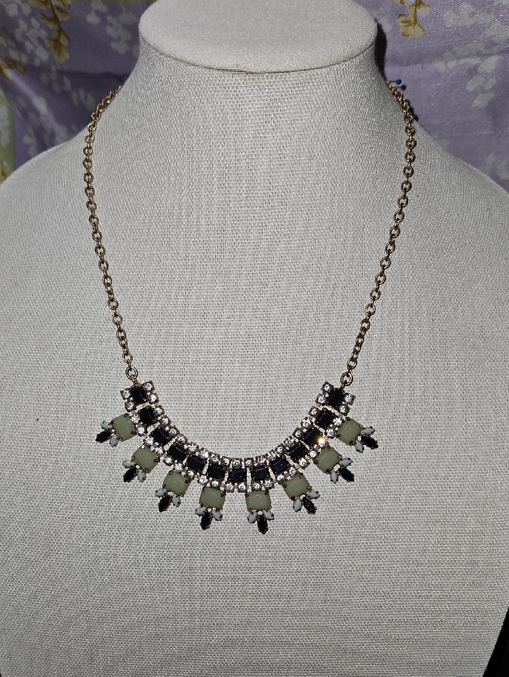 J. Crew Gold-Tone Rhinestone Necklace with Black and Pale Green Stones
